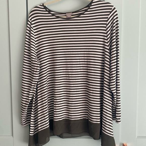 Chicos sheer shark bite hem green and white stripe long sleeve tunic sz 3 XL - Picture 1 of 5